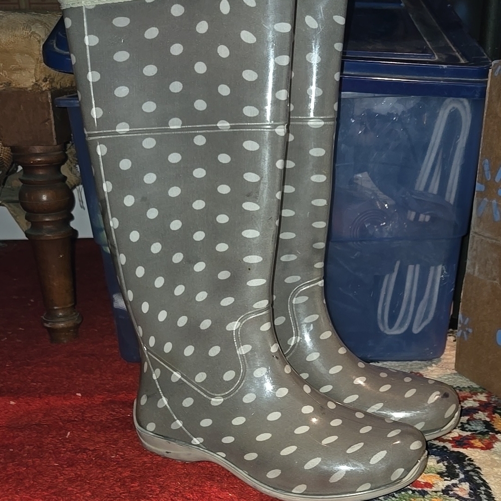 Gray and White Winter Rain Boots with Polka Dots